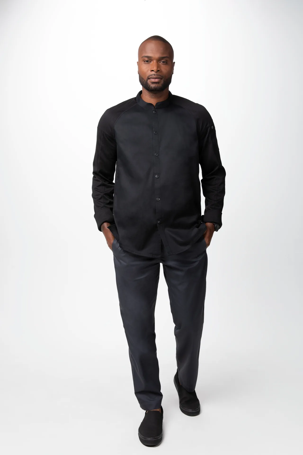 Chef Works CBS01-BLK-M Chef Coat, Long Sleeve, Snap Front, Recycled Polyester Mesh, Black, Size M