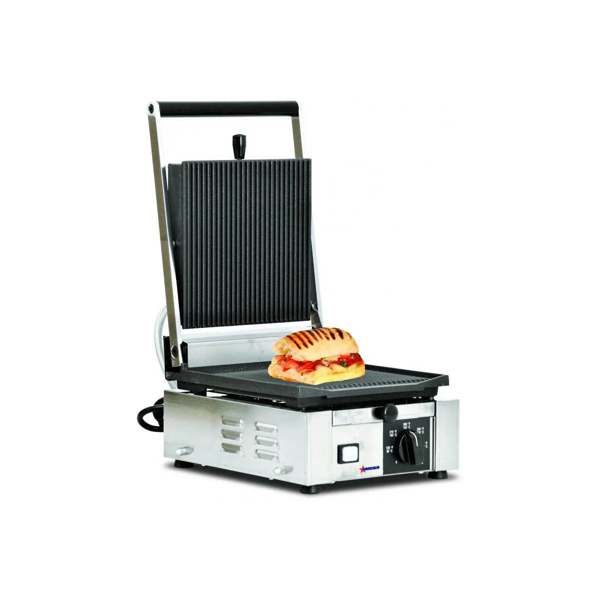 Omcan USA 11375 Single Sandwich Panini Grill w/ 9" x 10" Grooved Plates, 110V