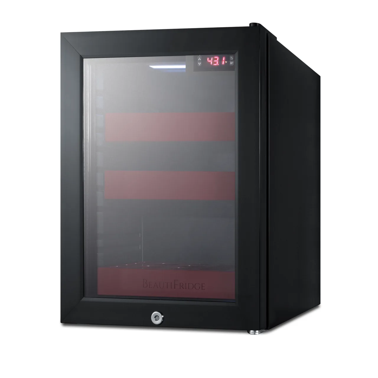 Summit LX114LR 13¾" BeautiFridge Refrigerator, 0.85 cu.ft, Black, Glass Door with Lock, R600a, 115V