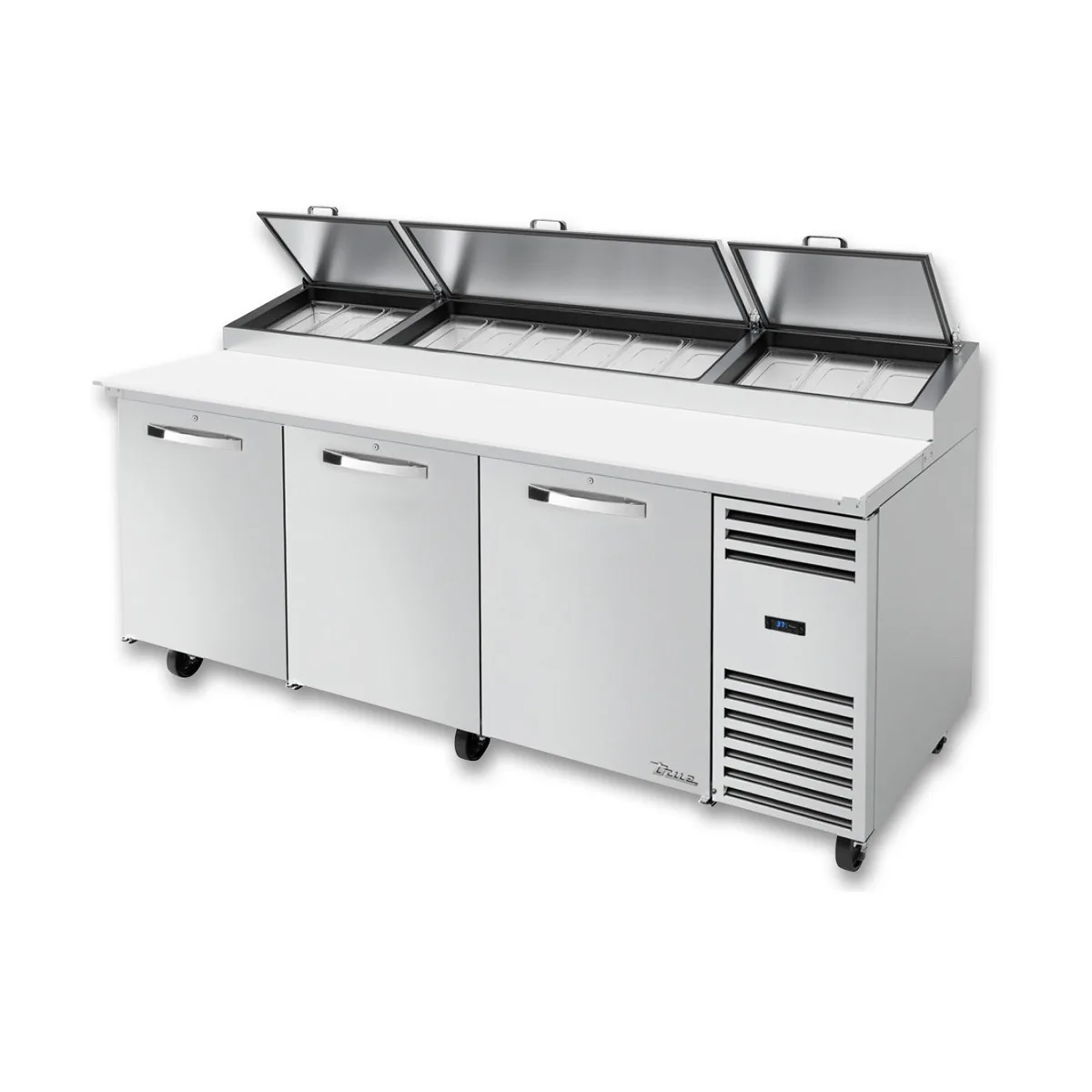 True TPP-AT2-93-HC~SPEC3 93" Refrigerated Pizza Prep Table w/ 3 Doors, (12) 1/3 Pans