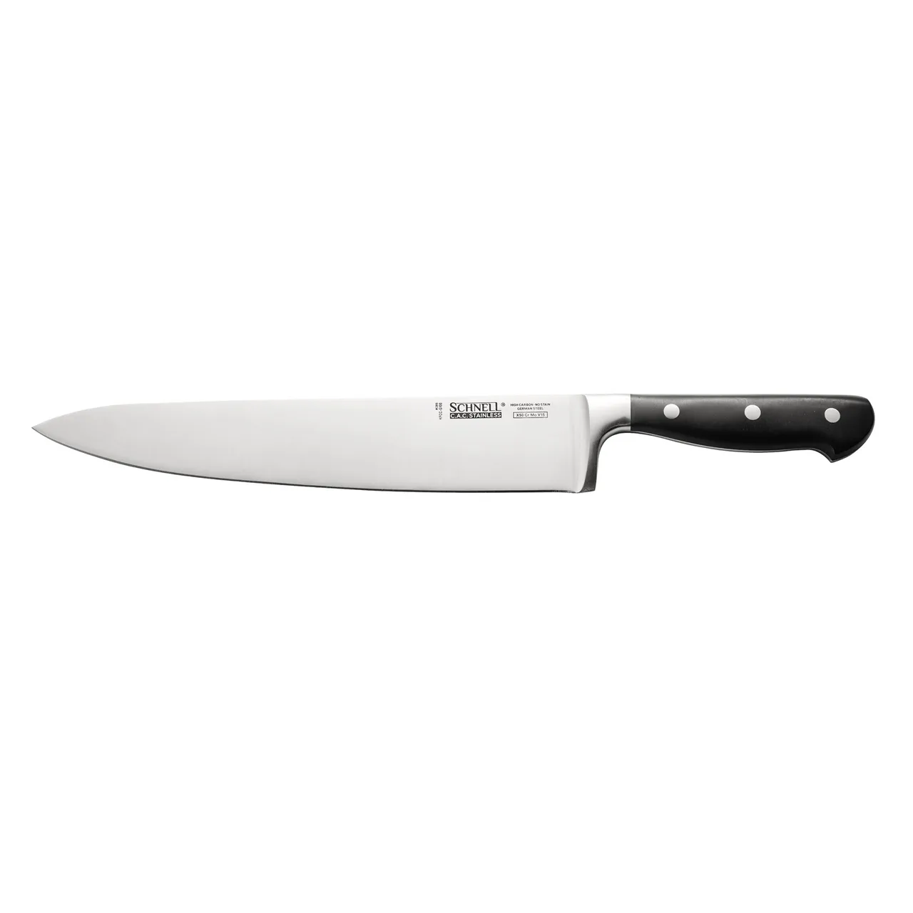 CAC China KFCC-G100 Schnell Chef Knife, 10" Forged Tang, Carbon Steel, Ice-Tempered, Black Handle