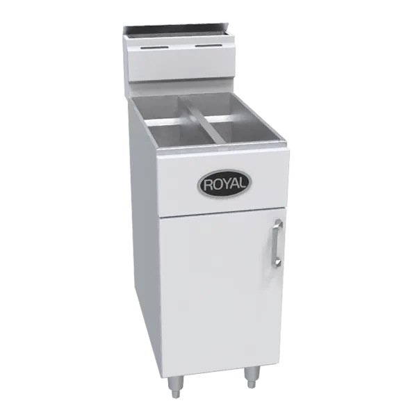 Royal Range of California RFT-2525 Split Pot Floor Model Gas Fryer w/ 25 lbs Per Tank, 4 Burners