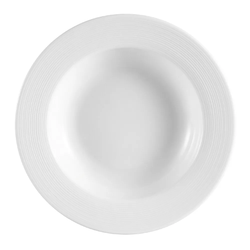 CAC China HMY-3 Soup Plate – 9" Dia., 10 Oz., Round Embossed Porcelain, Super White – 1 Dozen