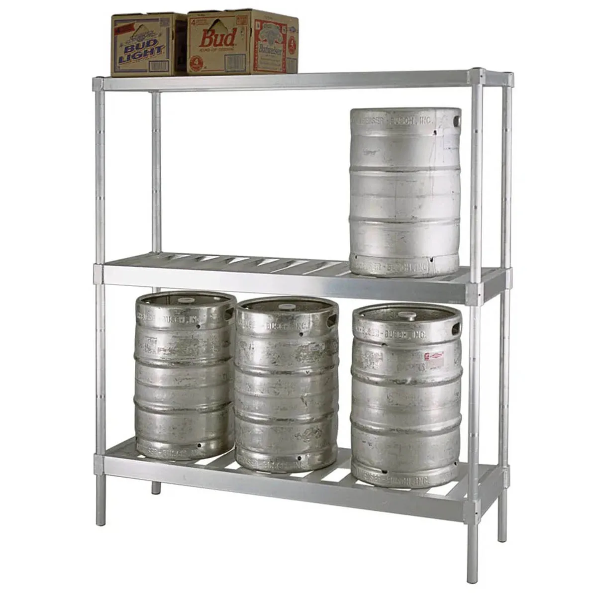 New Age 1288 80" Aluminum Keg Rack with (8) 1/2 or (26) 1/6 Keg Capacity and 3 Shelves