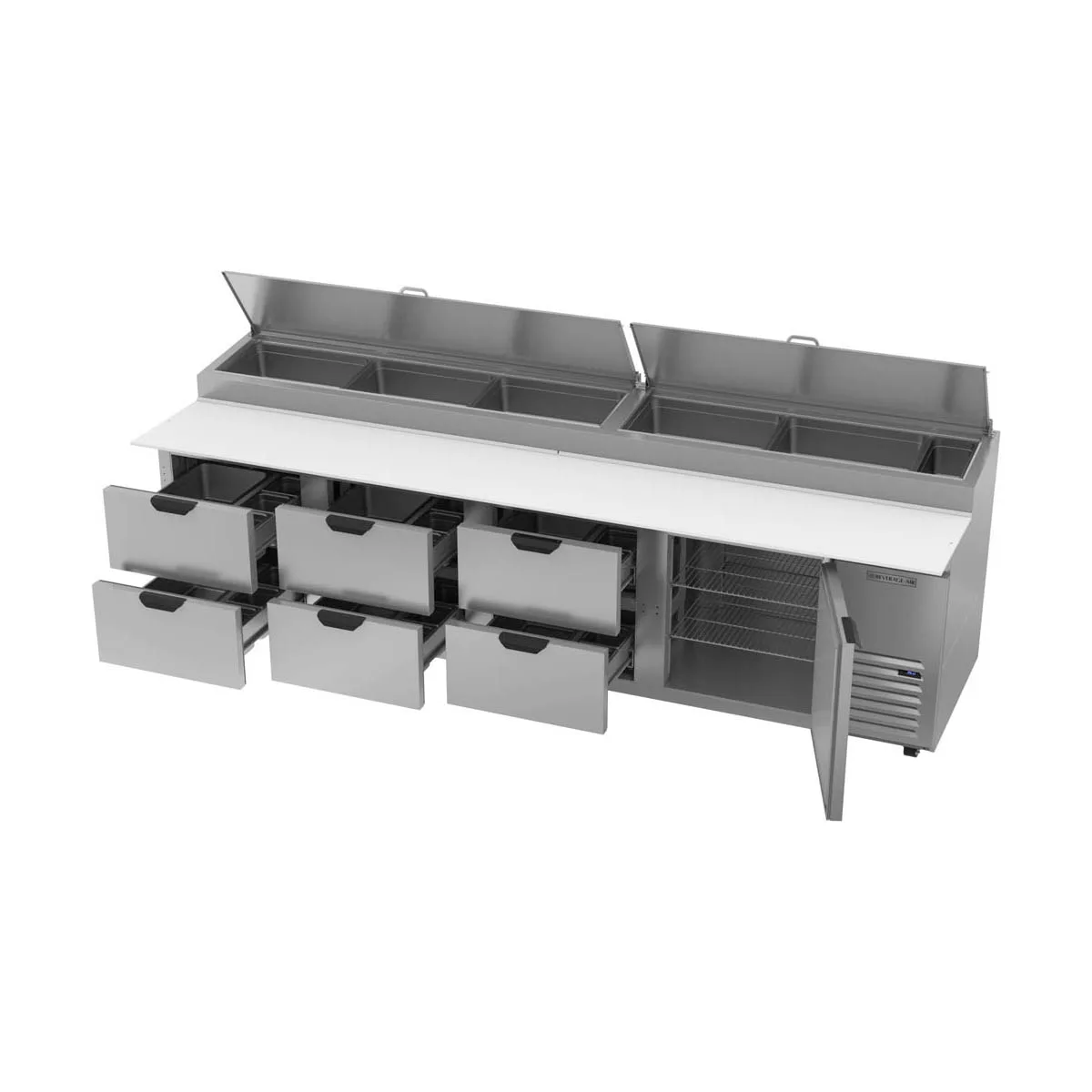 Beverage-Air DPD119HC-6 119" 4-Section Refrigerated Pizza Prep Table w/ 1 Door & 6 Drawers