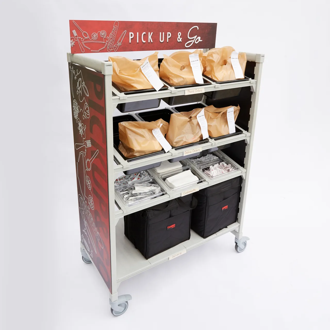 Cambro CPM244867FX2480 Mobile Flex Station Display Rack w/ (3) Open Shelves & (1) Solid Shelf