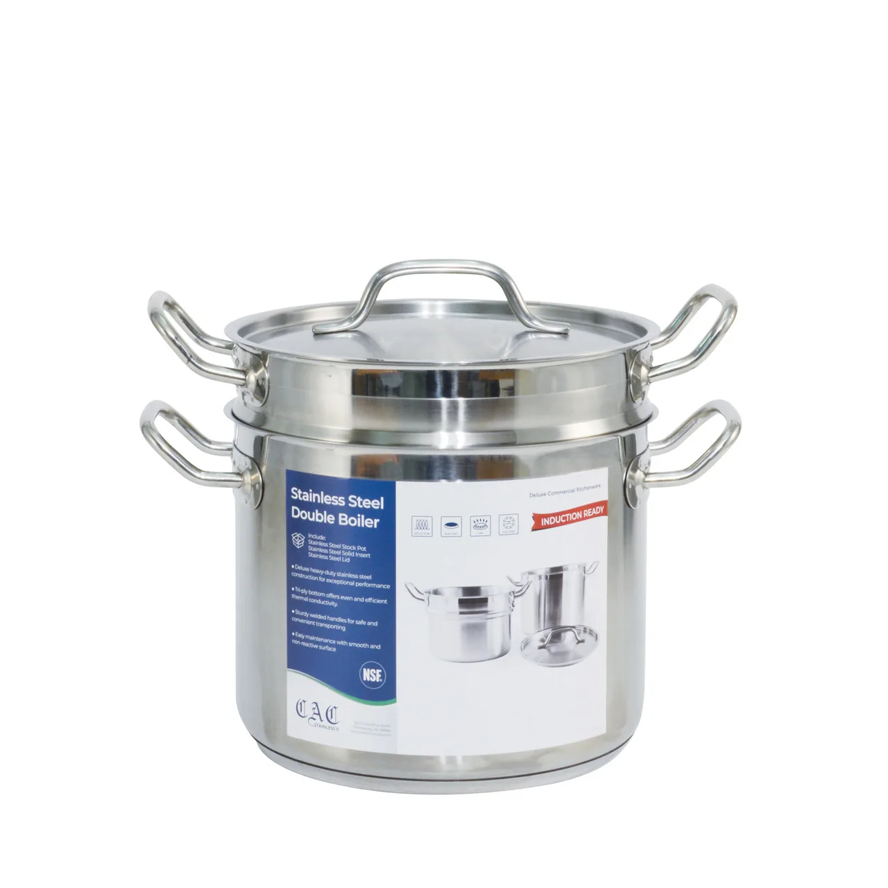 CAC China SPDB-8S 8-Qt Double Boiler, 9-1/2" x 7-1/2" Stainless, Induction, Tri-Ply, NSF - Set
