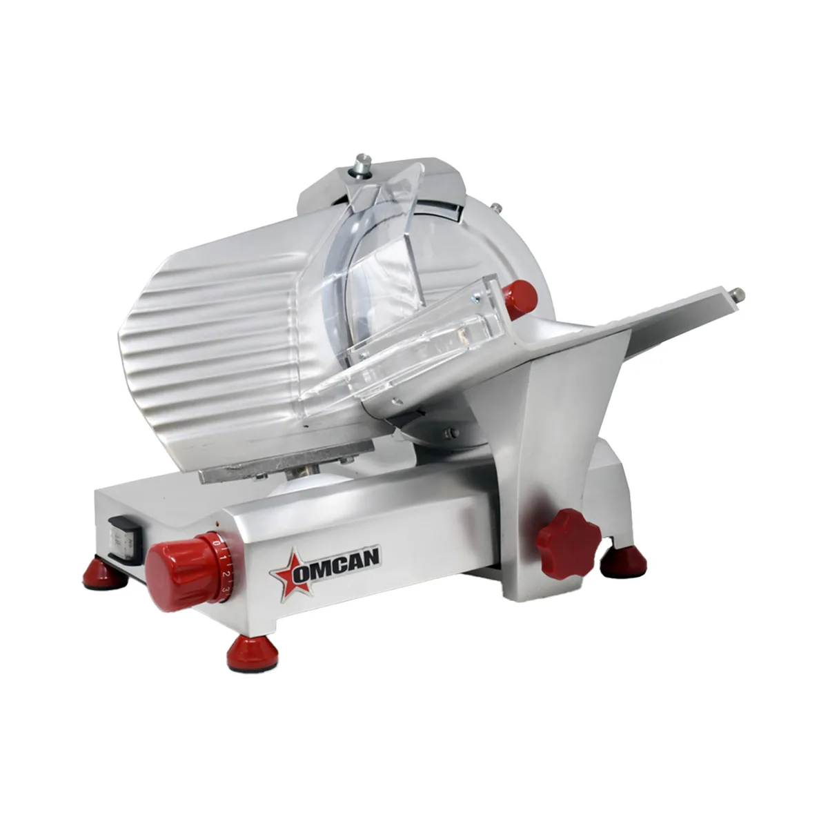 Omcan USA 13607 Meat Slicer – 8” Carbon Steel Blade, Manual Gravity Feed, Belt Drive, 1/5 HP 110V, Anodized Aluminum