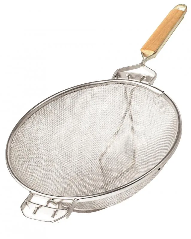 Omcan USA 81002 Mesh Strainer – 10-1/2" Double Mesh Stainless Steel with Flat Wood Handle – 10" Bowl
