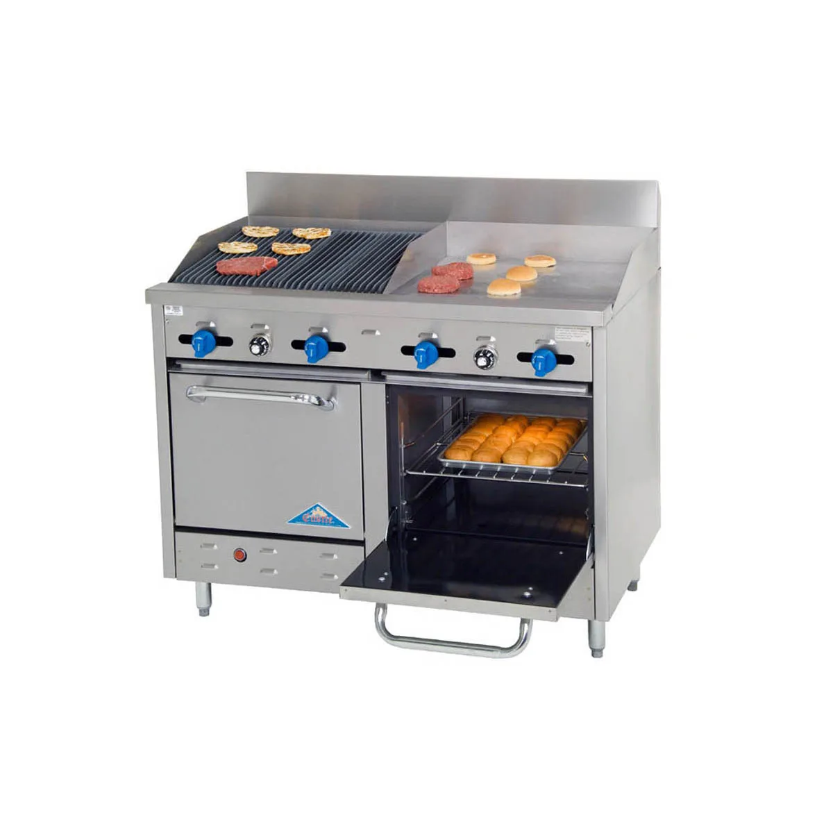 Comstock-Castle F3218-18-2.5RB 48" Gas Restaurant Range w/ (1) 18" Griddle, (1) 30" Charbroiler, (2) Space Saver Ovens, 166.000 BTU