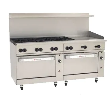 Wolf C72CC-8B24GT 72" Gas Restaurant Range w/ (8) Open Burners, 24" Griddle Right w/ Thermostatic Controls, (2) Convection Ovens, 350.000 BTU