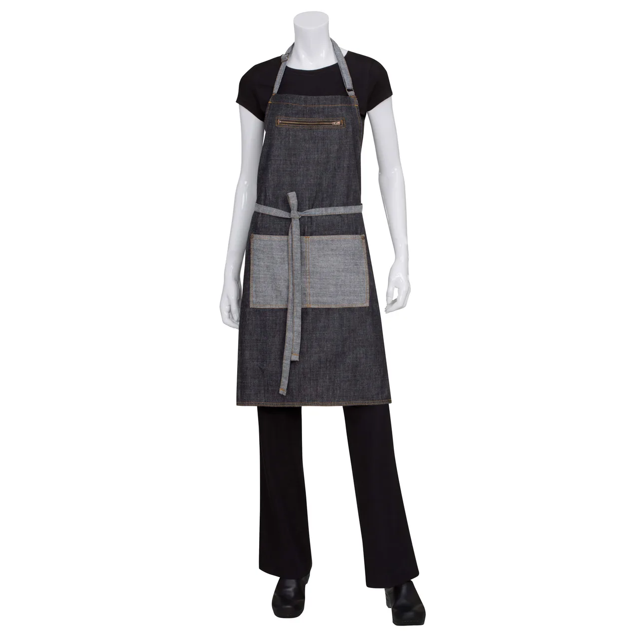 Chef Works AB034-BLK-0 Bib Apron, 34"L x 30"W, Adjustable Neck Buckle, Black 100% Cotton Denim