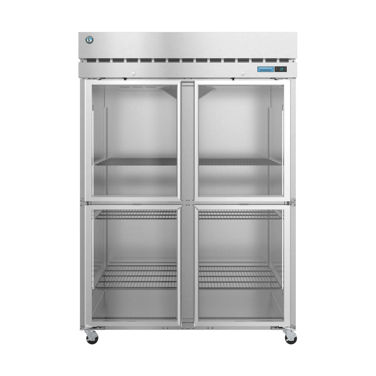 Hoshizaki R2A-HG 55" 2-Section Reach-In Refrigerator w/ 4 Glass Half Doors, Top Mounted, Stainless Steel, 50 cu. ft.