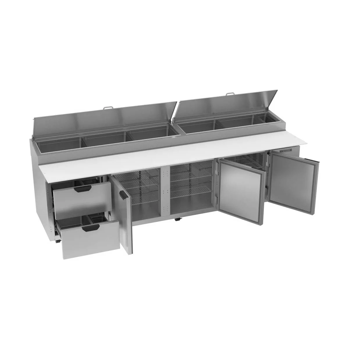 Beverage-Air DPD119HC-2 119" 4-Section Refrigerated Pizza Prep Table w/ 3 Doors & 2 Drawers