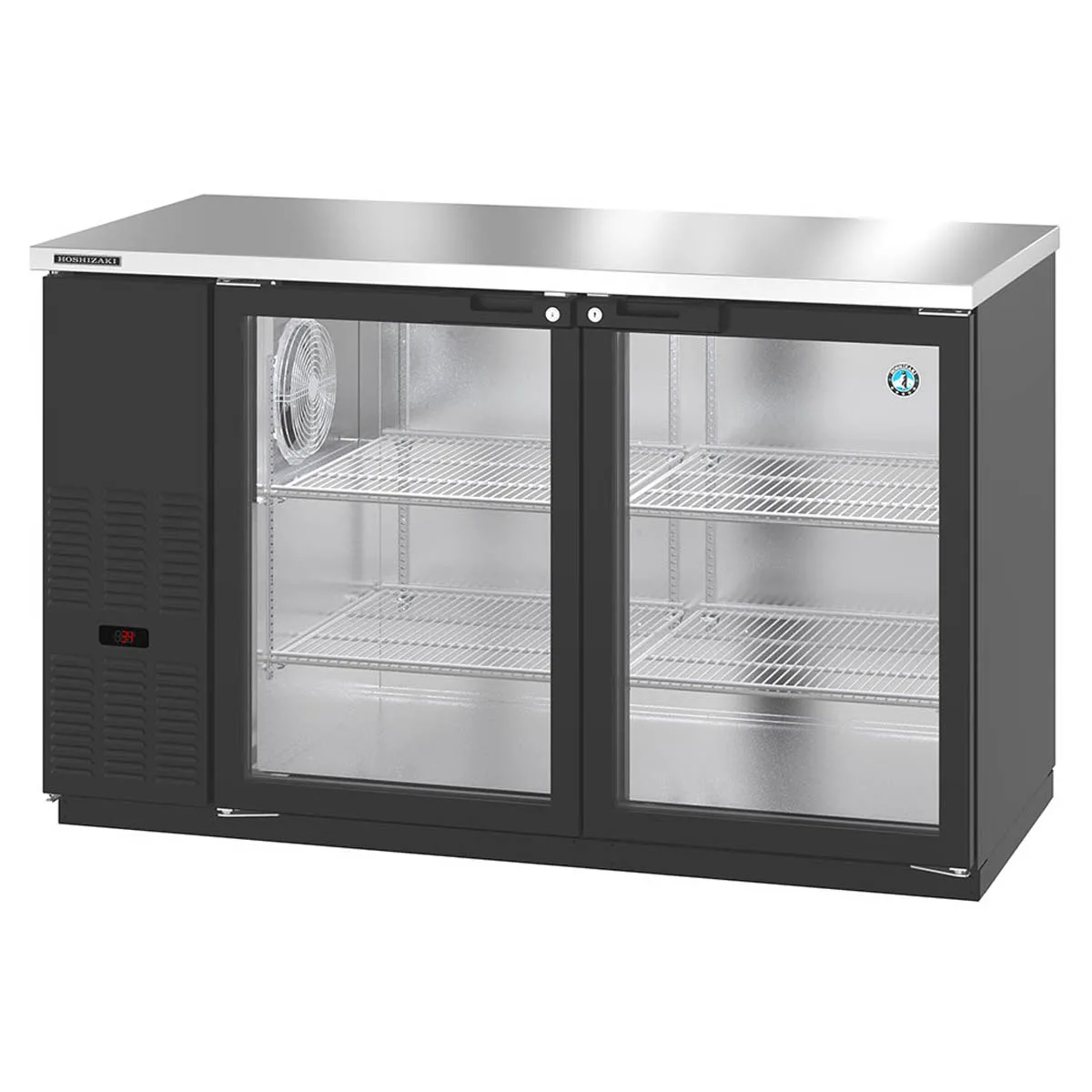 Hoshizaki BB59-G 59" Two Section Black 2 Swinging Glass Door Back Bar Cooler, 18.45 cu. ft.