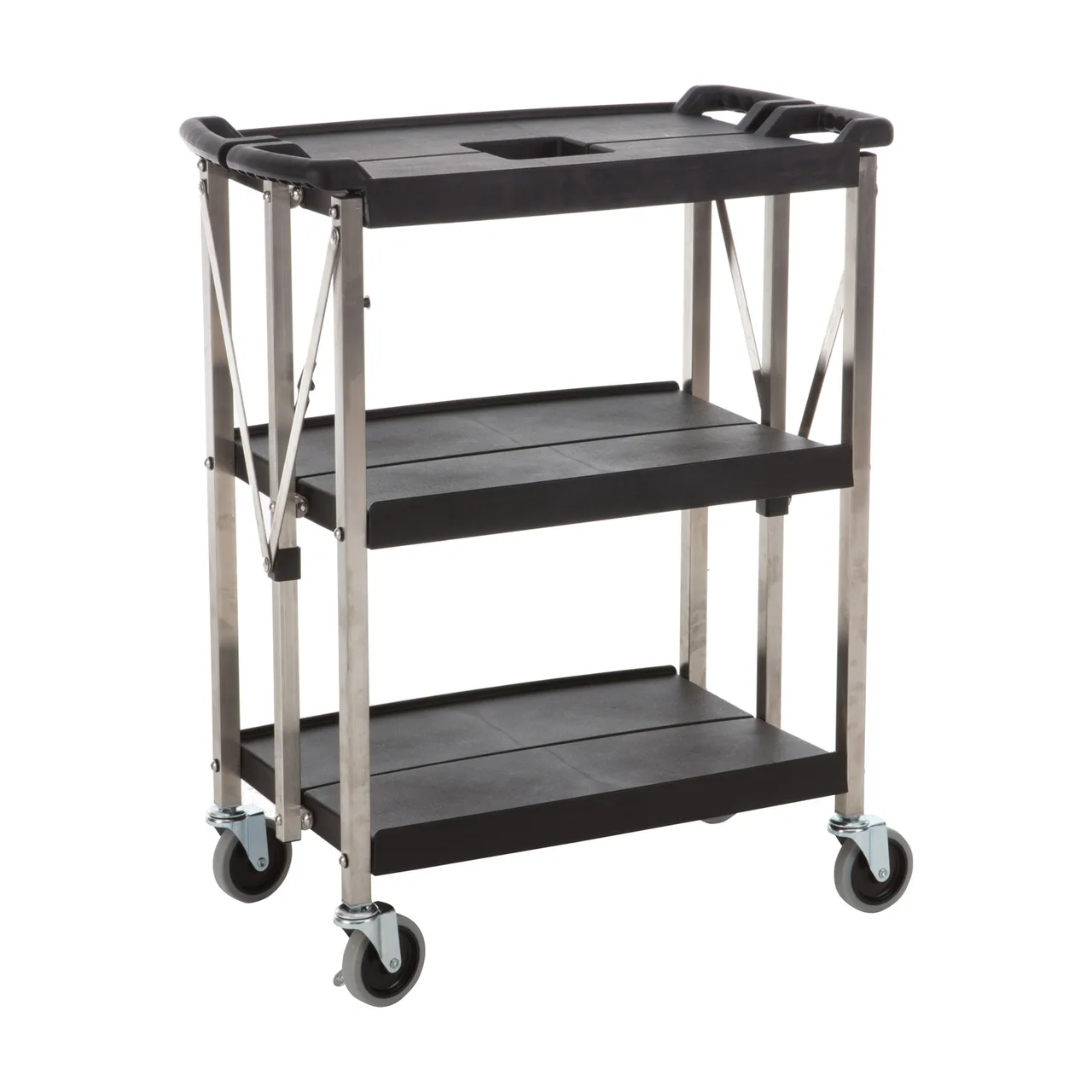 CAC China BTCF-30S Utility Cart, 30x16-1/2x36in, 3‑Tier 350 lb, Black 18/8 Stainless, 4 Casters w/ Brakes, Set