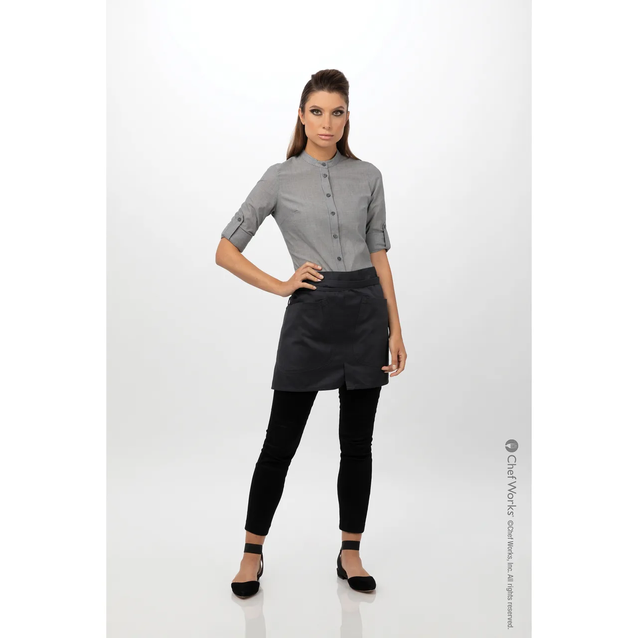 Chef Works AHN05-CHR-0 - Charcoal Waist Apron, 16"L x 38"W, Poly/Cotton, 3 Pockets