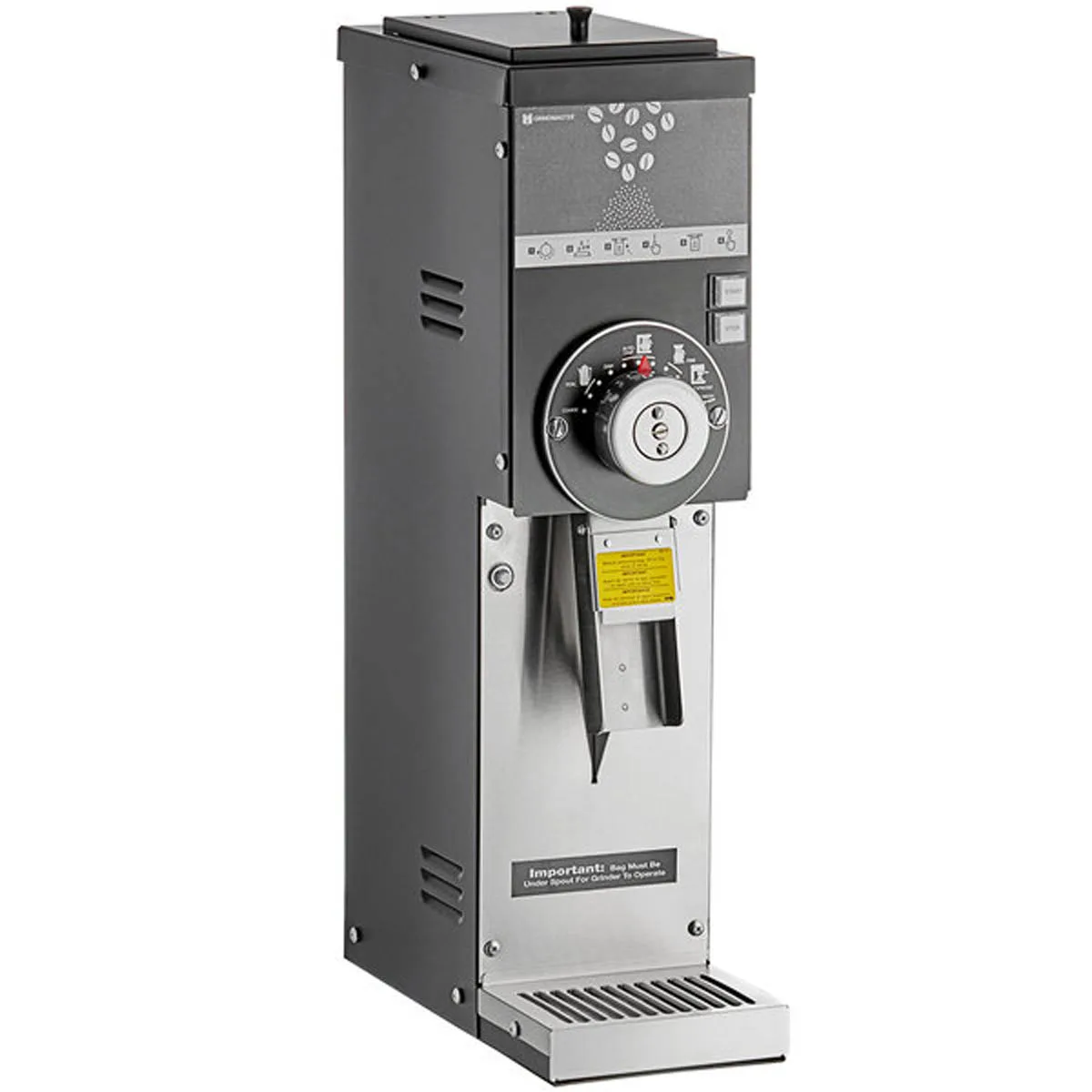 Grindmaster 875S/BLACK 7" Wide Retail Coffee Grinder w/ 3.0 lbs. Hopper Cap, Manual Control - Black