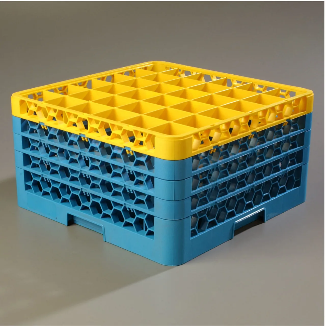 Carlisle RG36-4C411 OptiClean™ Glass Rack, 36 Compartments (2-15/16" x 2-15/16"), Yellow/Blue Color-Coded Extenders, Holds Glasses Up to 2-11/16" Diameter, 10-1/4" Height, Double-Wall Construction, Polypropylene, Textured Finish