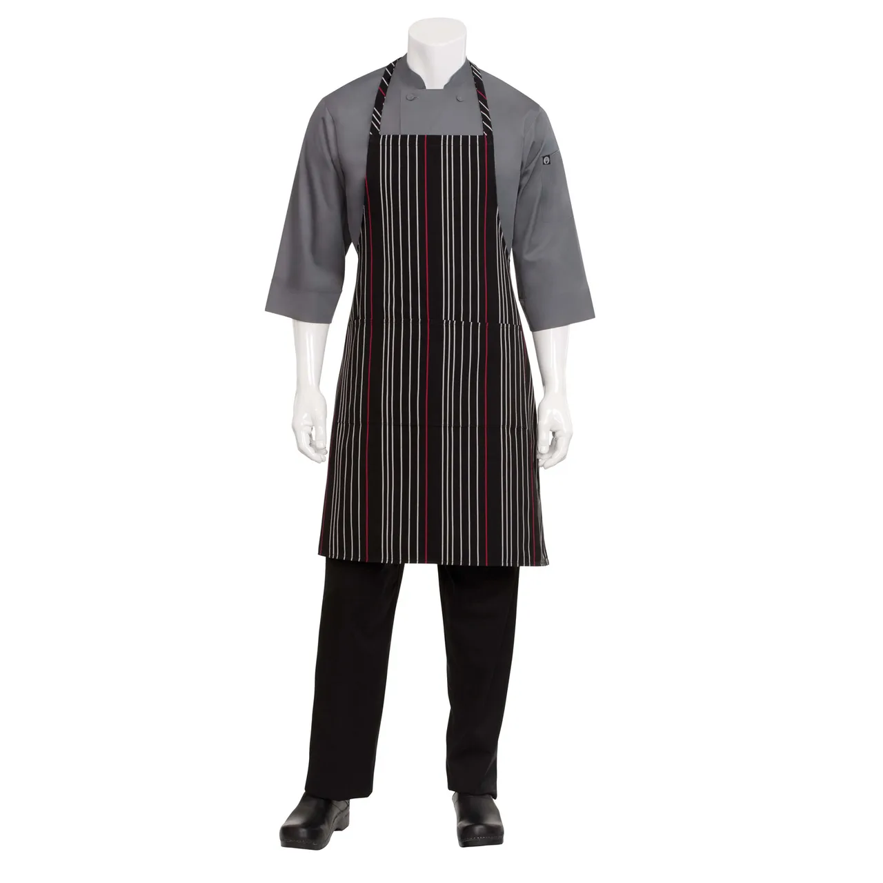 Chef Works A550-BWR-0 Bib Apron, 34-1/4"L x 27"W, Black/White/Red Stripes, 65/35 Poly/Cotton