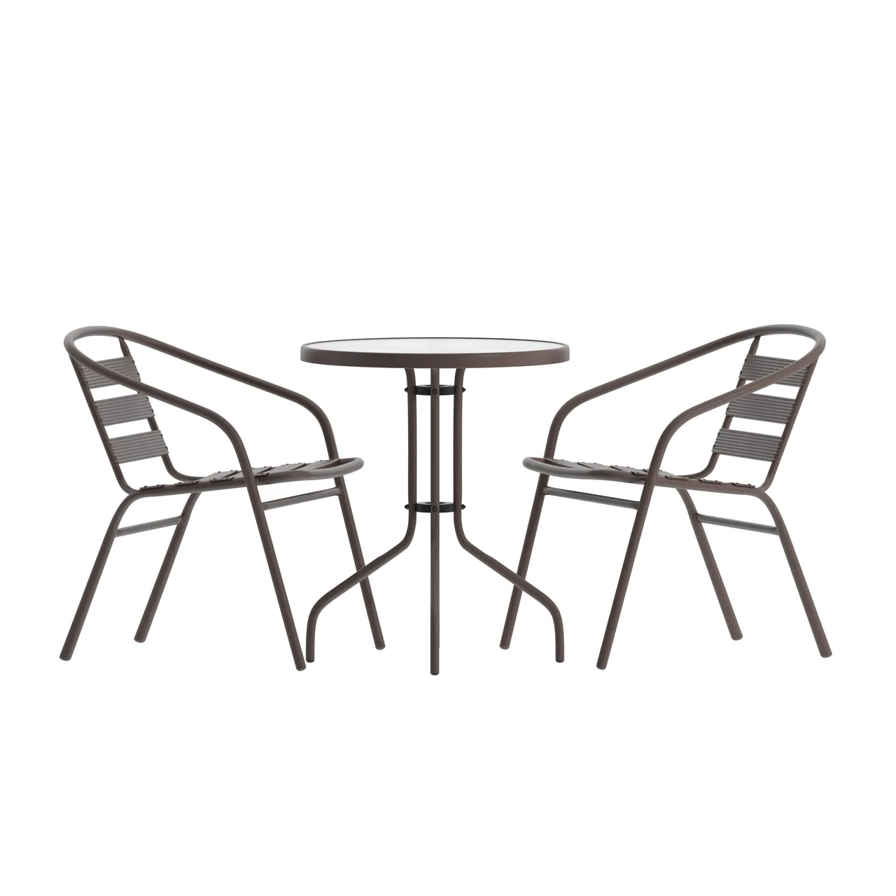 Flash Furniture TLH-071RD-017CBZ2-GG Lila 23-3/4" Glass Top Metal Table Set with 2 Bronze Aluminum Slat Stack Chairs