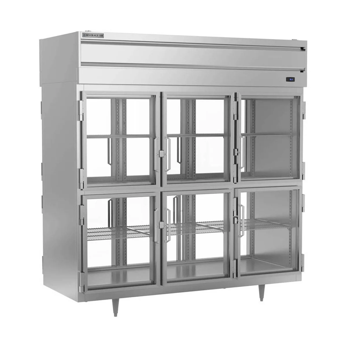 Beverage Air PRD3HC-1BHG 78" 3-Section Pass-Thru Refrigerator w/ 12 Glass Half-Doors, Top Mounted, 74 cu. ft.