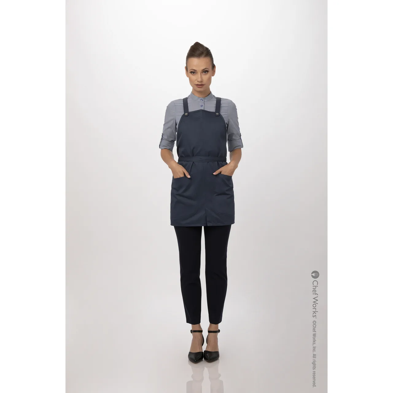 Chef Works ABN01W-BLU-0 Bib Apron, 25"L x 38"W, Adjustable Neck Strap, Poly/Cotton, Blue