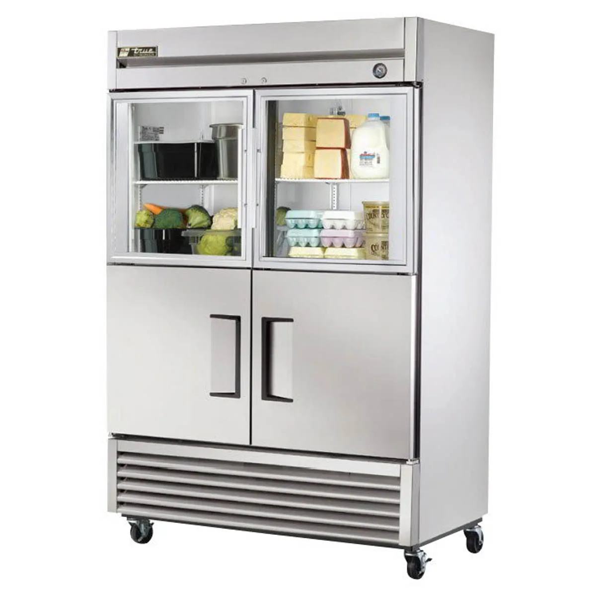 True T-49-2-G-2-HC~FGD01 54" 2-Section Reach-In Refrigerator w/ 2 Solid & 2 Glass Half Doors, Bottom Mount, Stainless Steel Front-Aluminum Sides