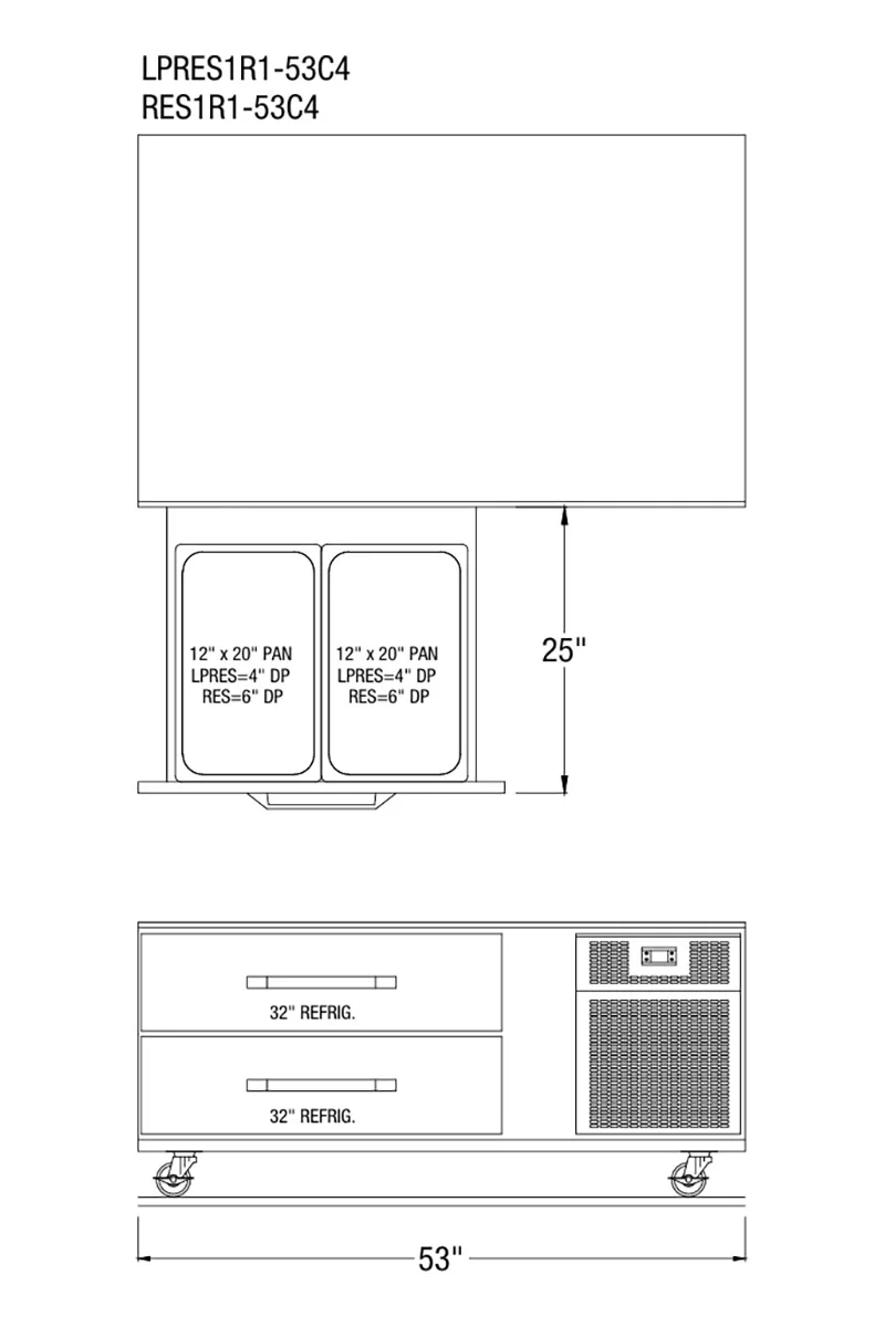 Randell LPRES1R1-53C4 53" 2 Drawers Refrigerated Chef Base w/ Marine Edge, Self-Contained