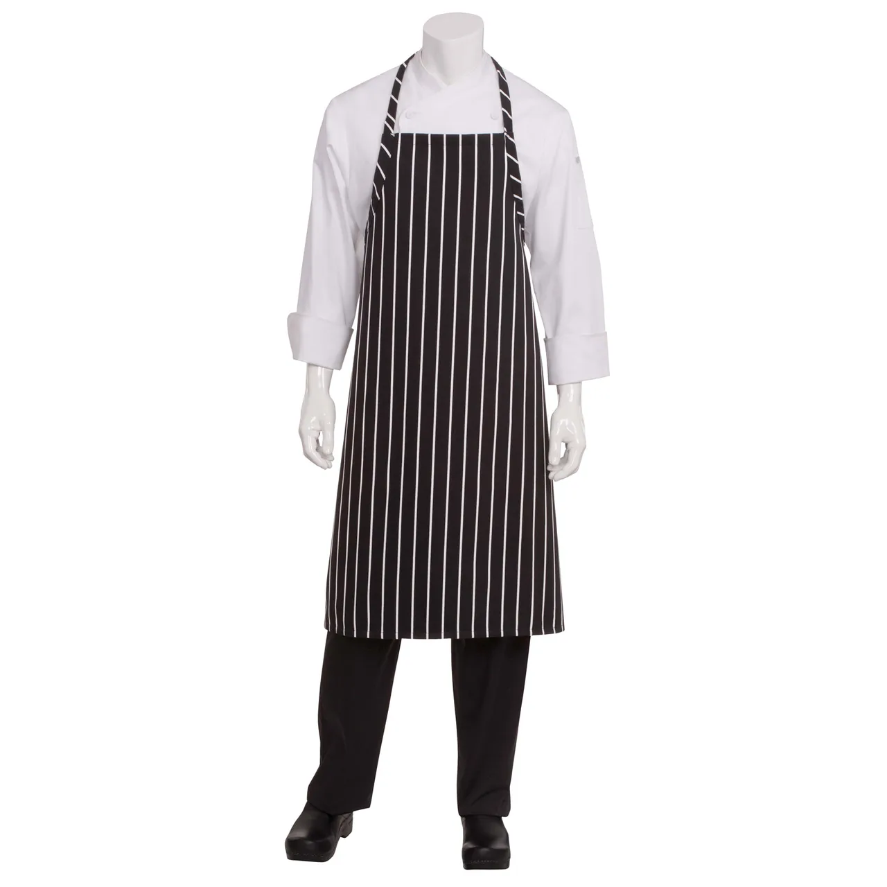Chef Works A100-NCS-0 Bib Apron, 39"L x 37"W, Navy Chalk Stripes, Neck Strap, 65/35 Poly/Cotton