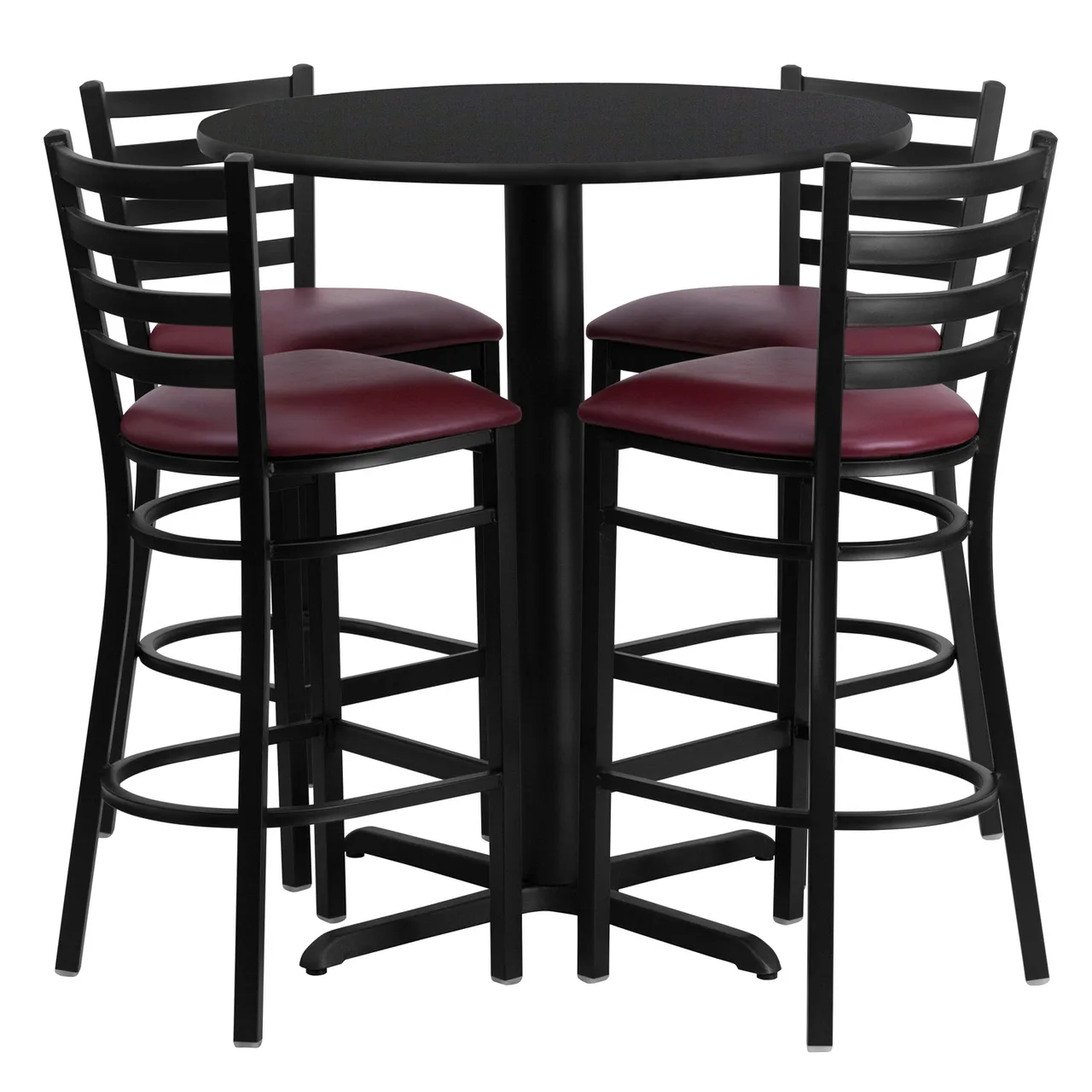 Flash Furniture HDBF1025-GG 30" Round Table & 4 Bar Stool Set, Black Laminate, Burgundy Vinyl, 42"H