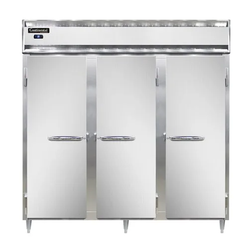 Continental Refrigerator D3RN 78" 3-Section Reach-In Refrigerator w/ 3 Solid Doors, Stainless Steel Front Aluminum Exterior, 72 cu. ft.