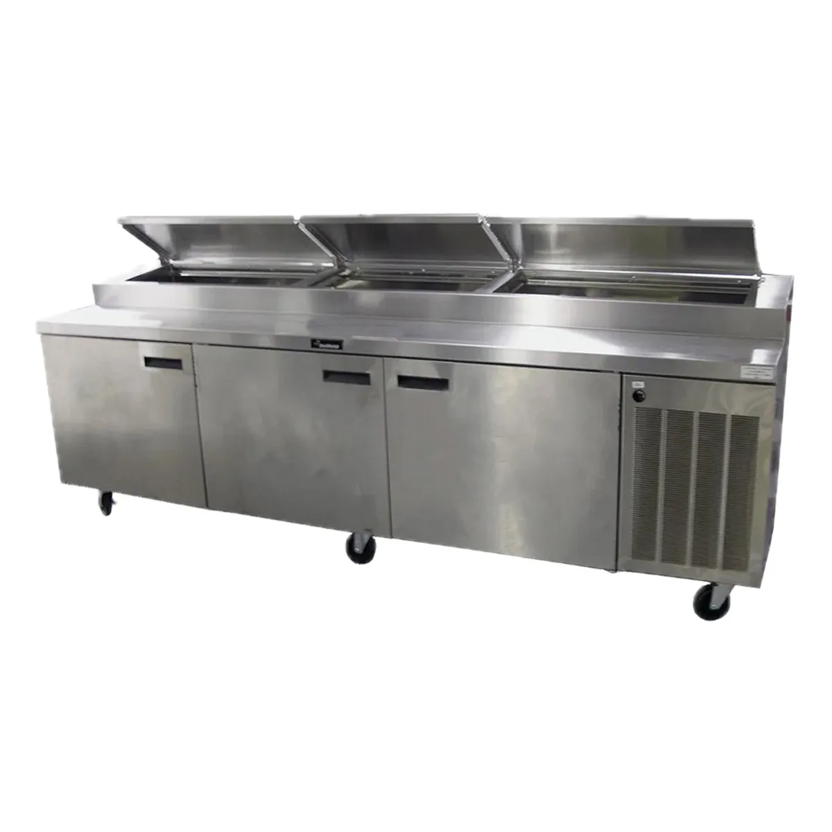 Delfield 186114PTBMP 114" 3-Section Refrigerated Pizza Prep Table w/ 3 Doors, (14) 1/3 Size Pan