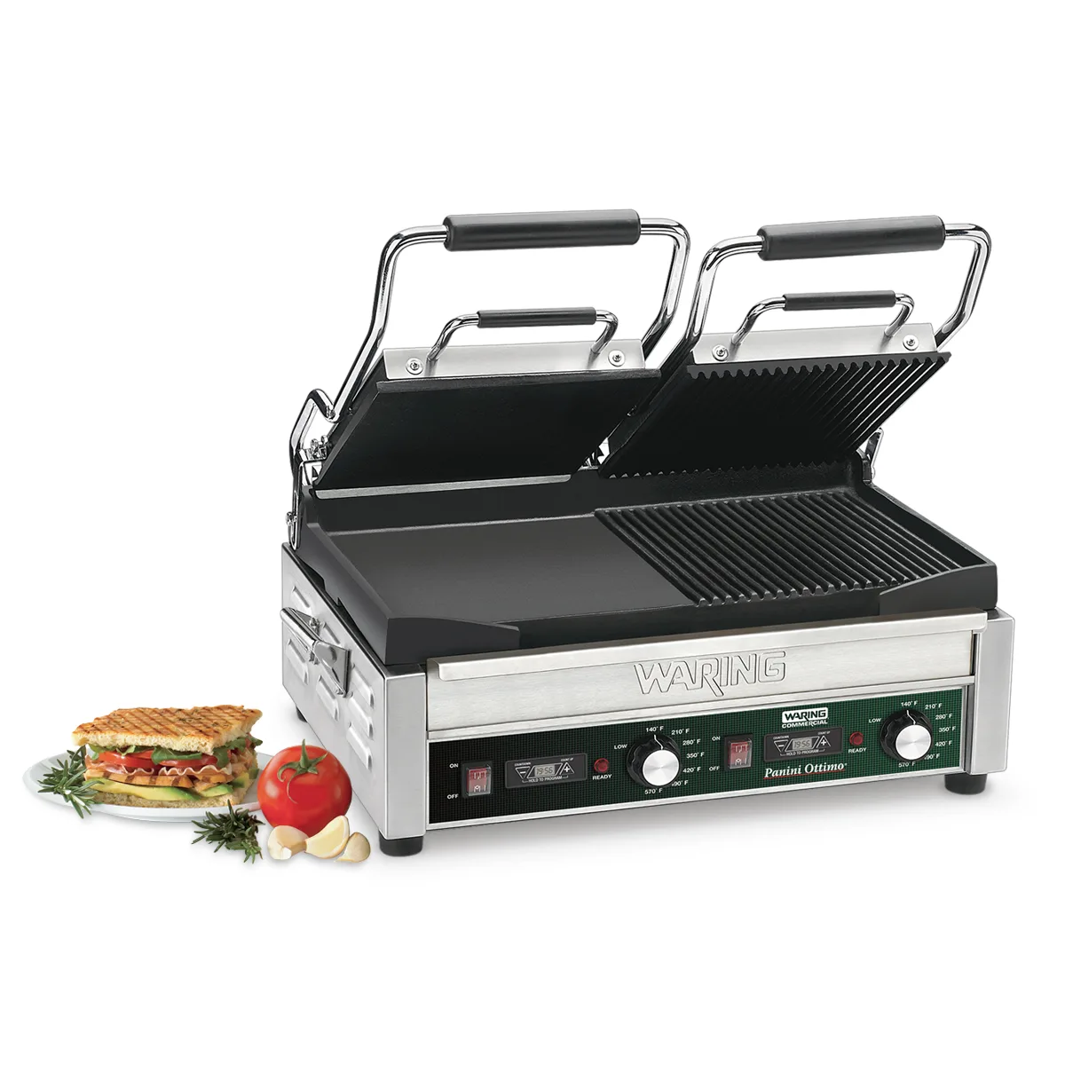 Waring WDG300T Double Cast Iron Sandwich Panini Grill w/ Timer, Smooth & Grooved Plates, 240V