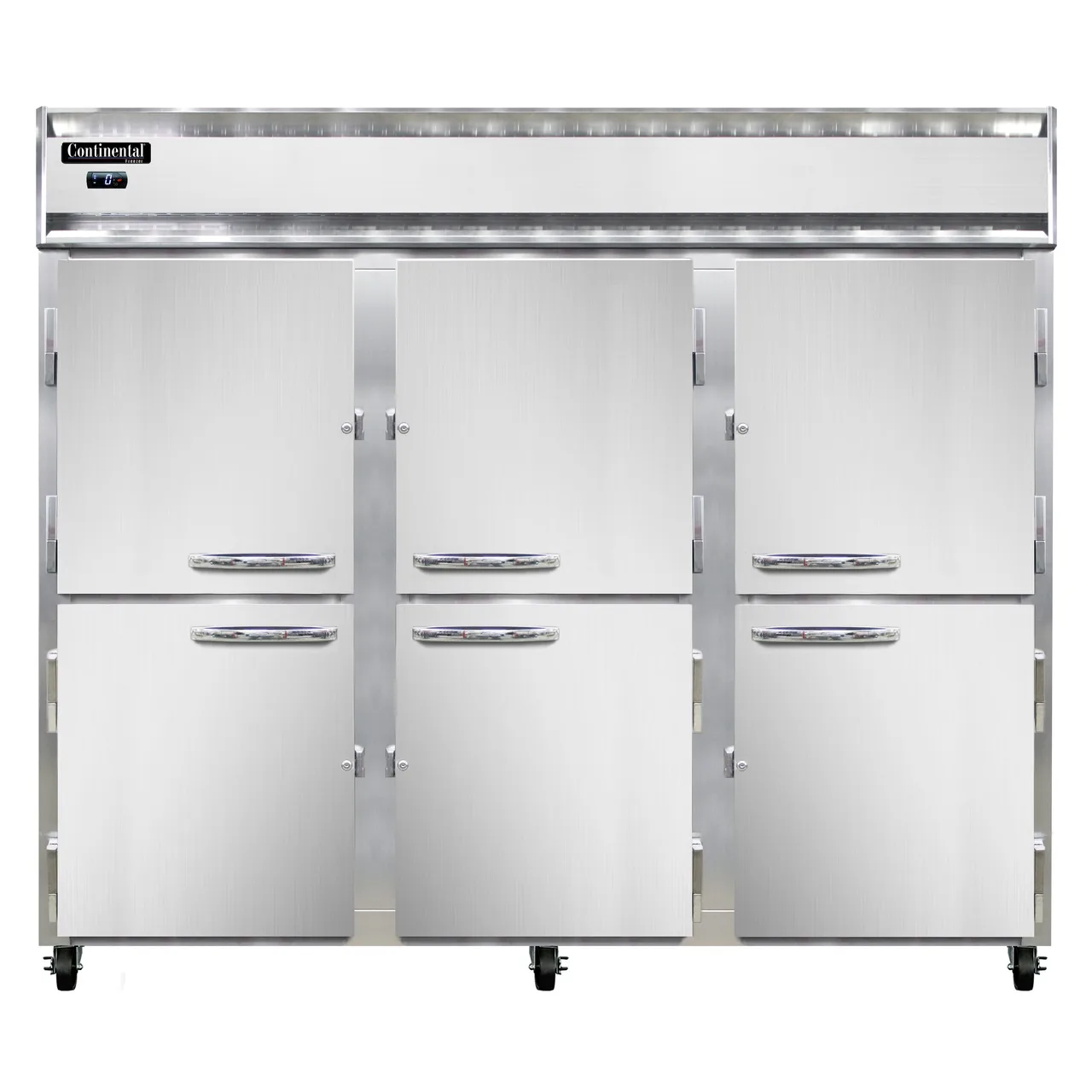 Continental Refrigerator 3FENHD 85" 3-Section Reach-In Freezer, 6 Half Solid Doors, 73 cu. ft., Stainless Steel Front, Top Mounted