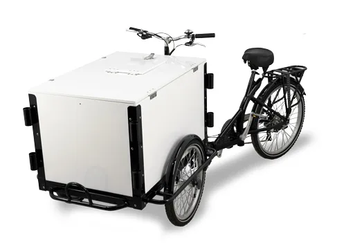 Omcan USA 47411 Black Front Load Ice-Cream Bike / Cargo Bike w/ Non-Insulated White Wooden Box