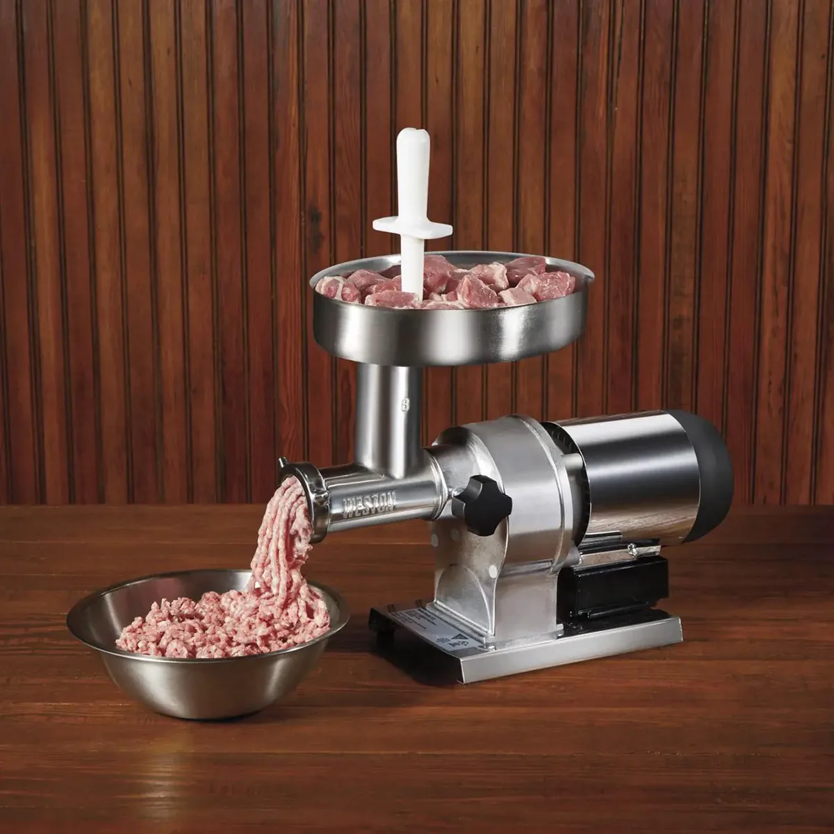 Hamilton Beach 09-0801-W Grinder, 0.5HP 350W 120V, #8 Hub, 4-6 lbs/min, 4.5mm & 7mm Plates, 4 Sausage Funnels 10-40mm