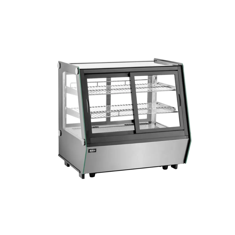 Omcan USA 48567 Countertop Refrigerated Display Case 35" Black 4.8 Cu.ft Steel Glass Doors 2 Shelves