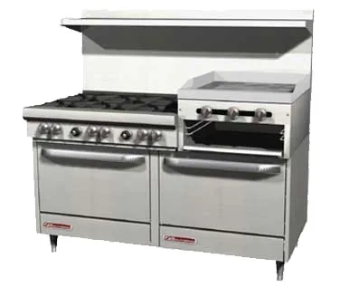 Southbend 4606CC-2RR 60" Gas Restaurant Rangew/ (5) Open Burners, 24" Raised Griddle/Broiler, (2) Cabinet Bases, 212.500 BTU