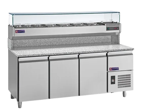 AMPTO MPP-3US 3-Section Refrigerated Pizza Prep Table w/ 3 Doors, 16 cu. ft.