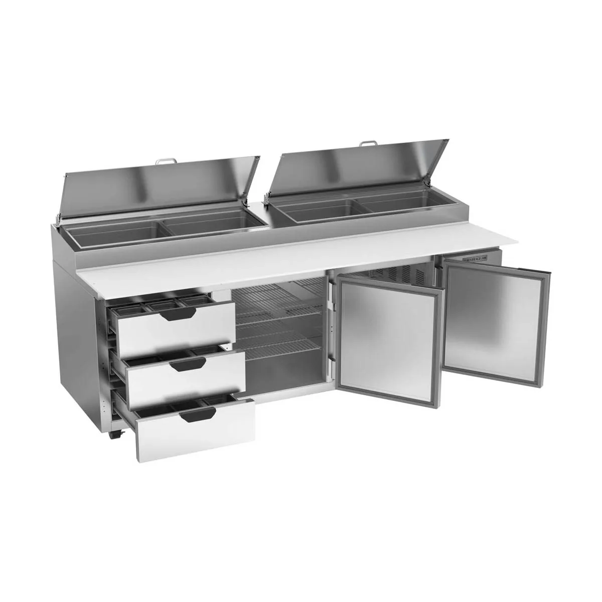 Beverage Air DPD93HC-3 93" 3-Section Refrigerated Pizza Prep Table w/ 2 Doors & 3 Drawers