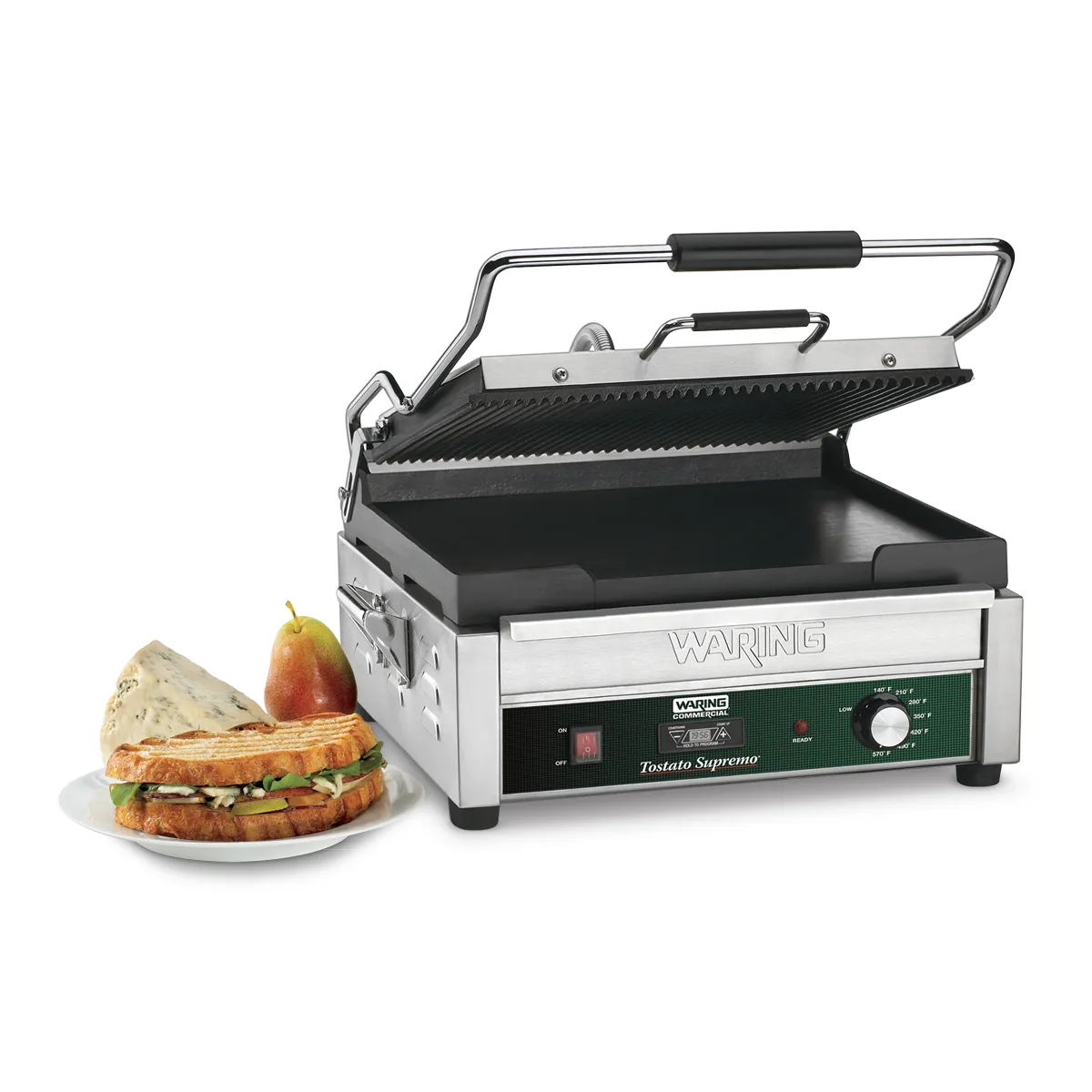 Waring WDG250T Single Cast Iron Sandwich Panini Grill w/ Timer, 14.5" x 11" Grooved Plates, 120V