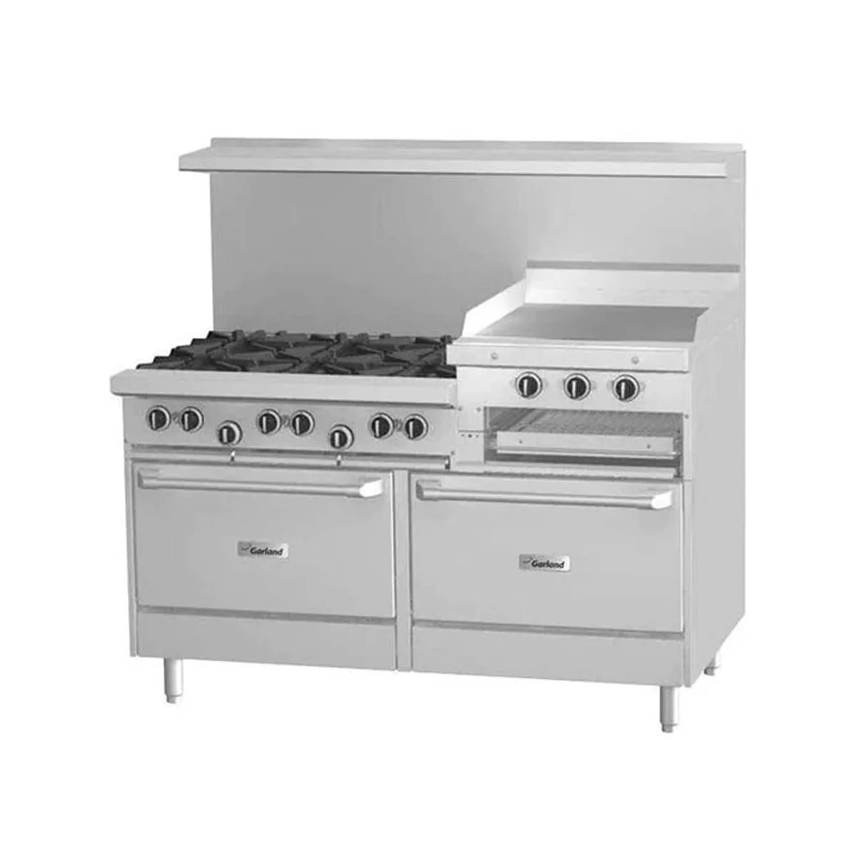 Garland US Range G60-6R24SS 60" Gas Restaurant Range w/ (6) Open Burners, 24" Raised Griddle/Broiler, (2) Cabinet Bases, 231.000 BTU