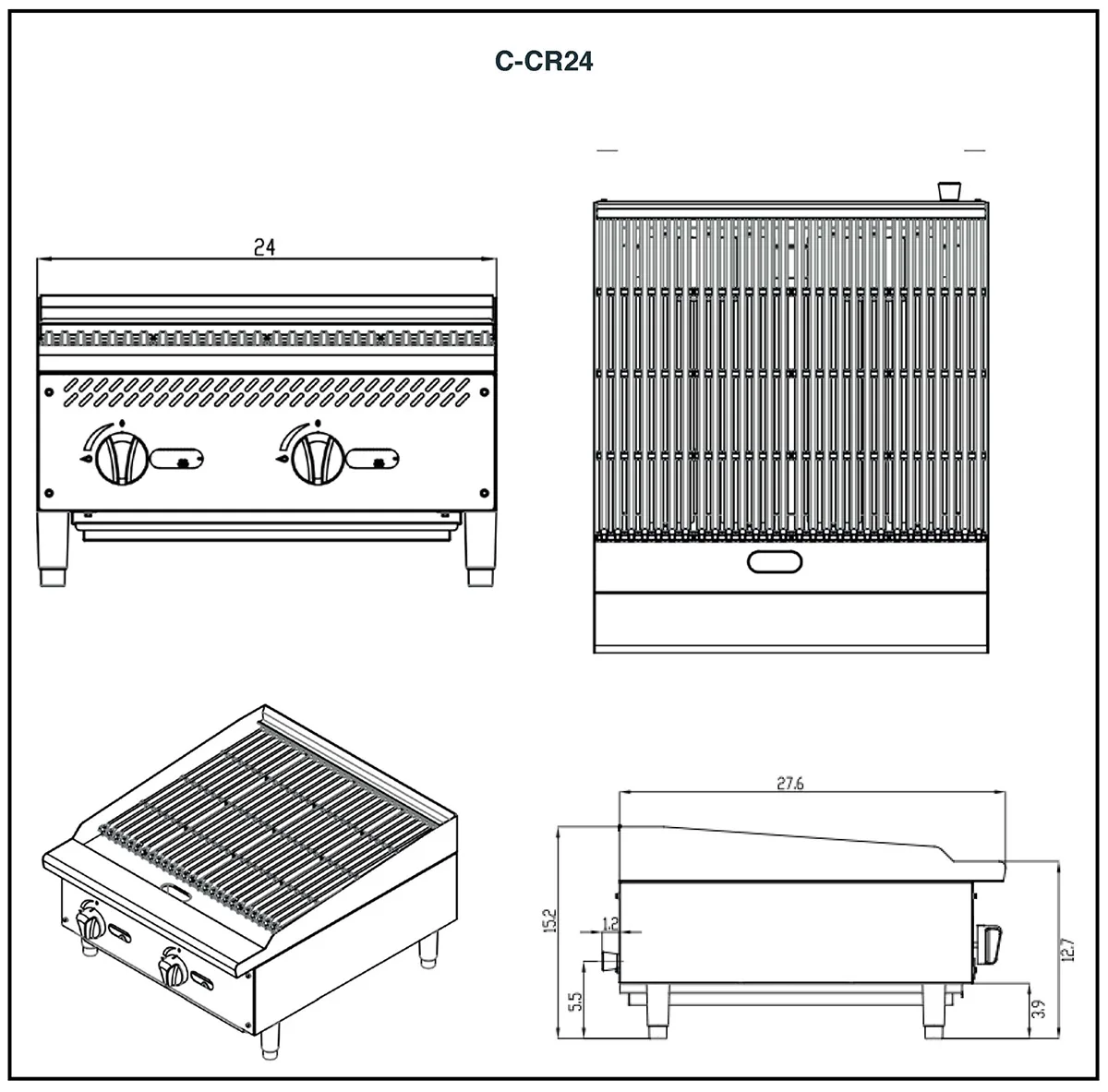 Migali C-CR24 24" Countertop Gas Lava Rock Charbroiler w/ (2) Burners, 70.000 BTU