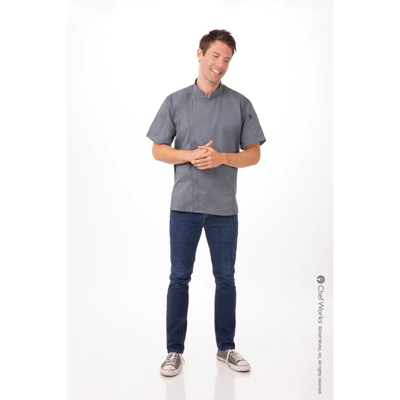 Chef Works BCSZ009-INB-4XL Ink Blue Short Sleeve Chef Coat, 4XL, 65/35 Poly/Cotton Twill, Cool Vent Side Slits, Thermometer & Phone Pockets, Apron Holder, Zipper