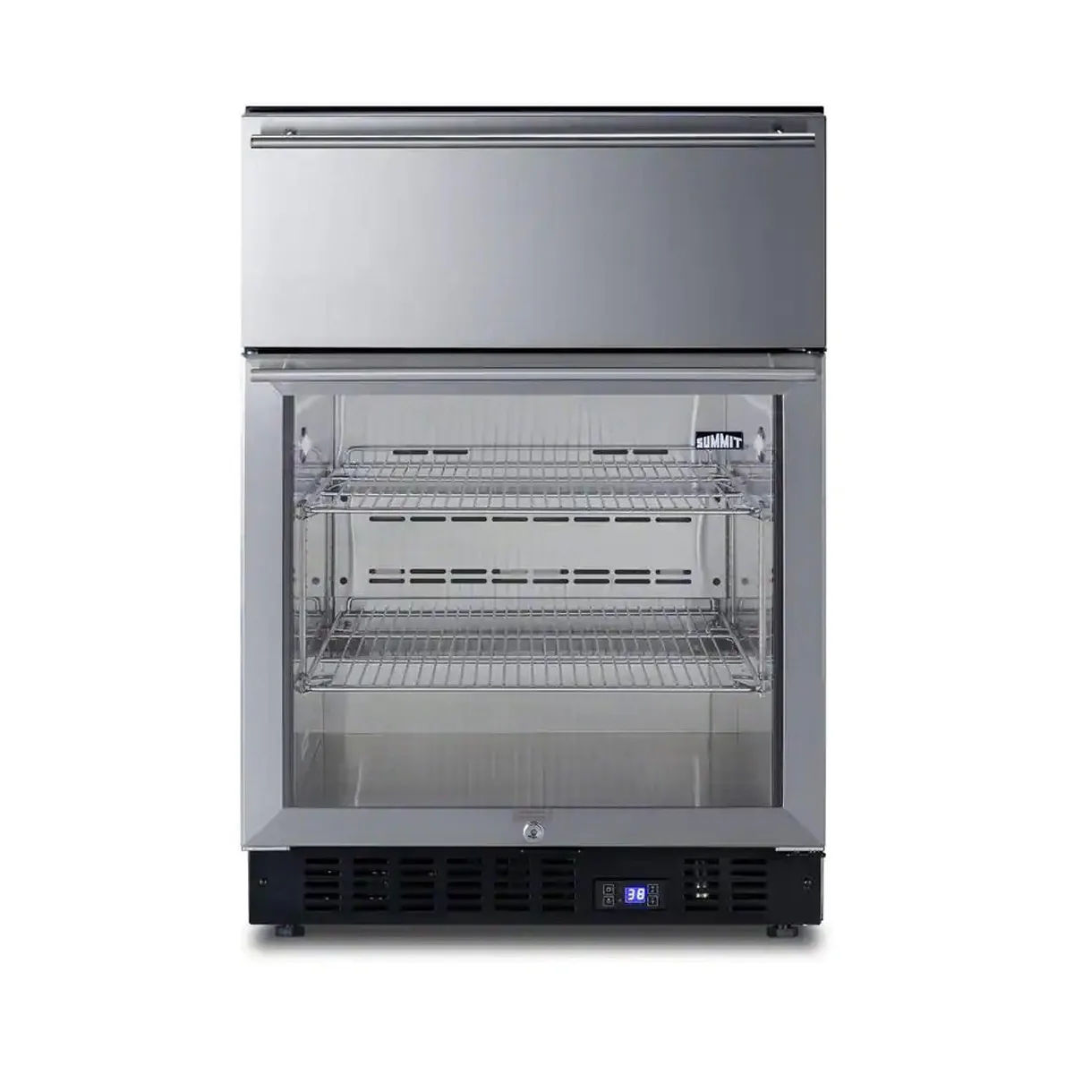 Summit SCR615TD 24" Built-in Glass Door Undercounter Refrigerator in Black, w/ 1 Stainless Steel Drawer, 4.8 cu. ft.