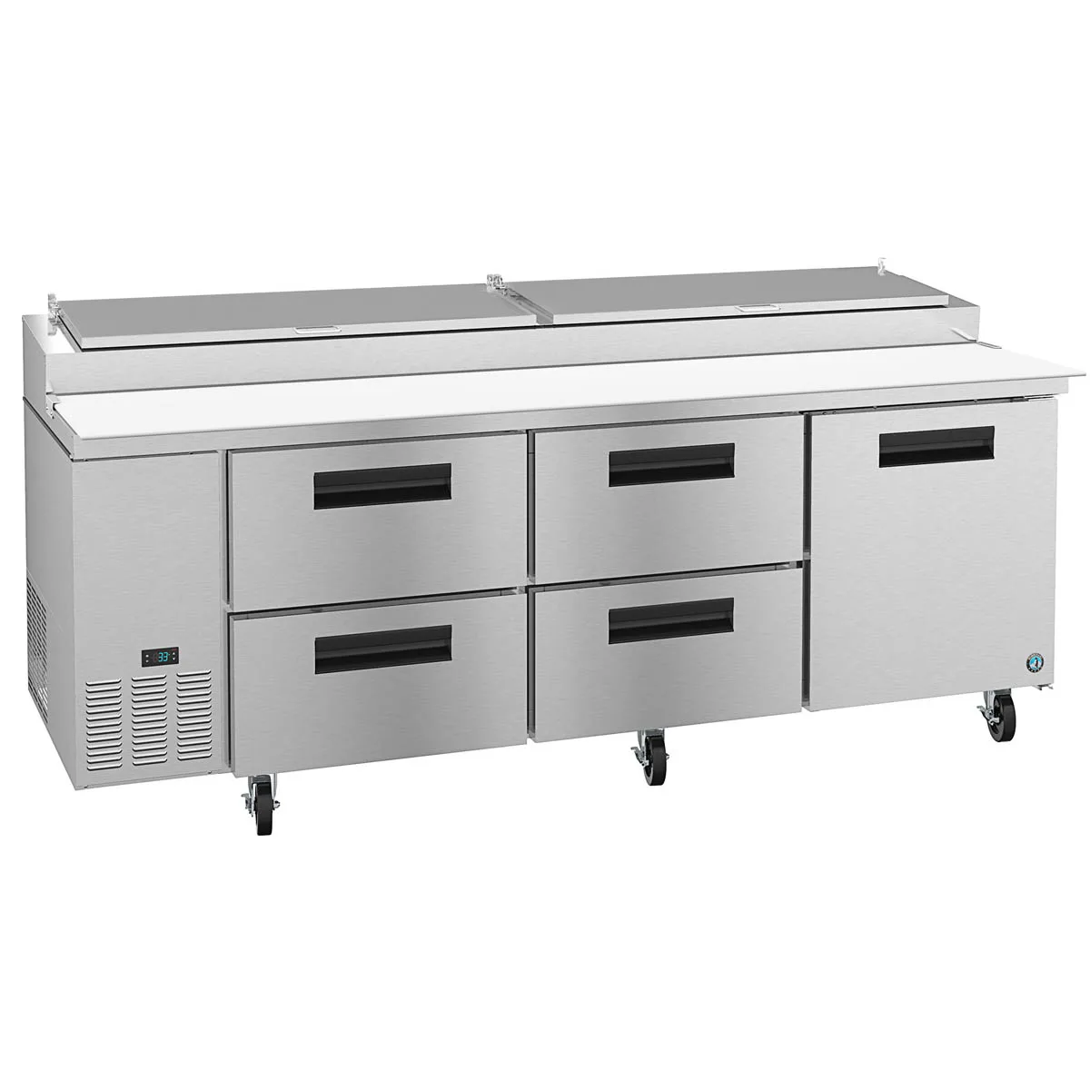 Hoshizaki PR93A-D4 93" 3-Section Refrigerated Pizza Prep Table w/ 4 Drawers & 1 Door