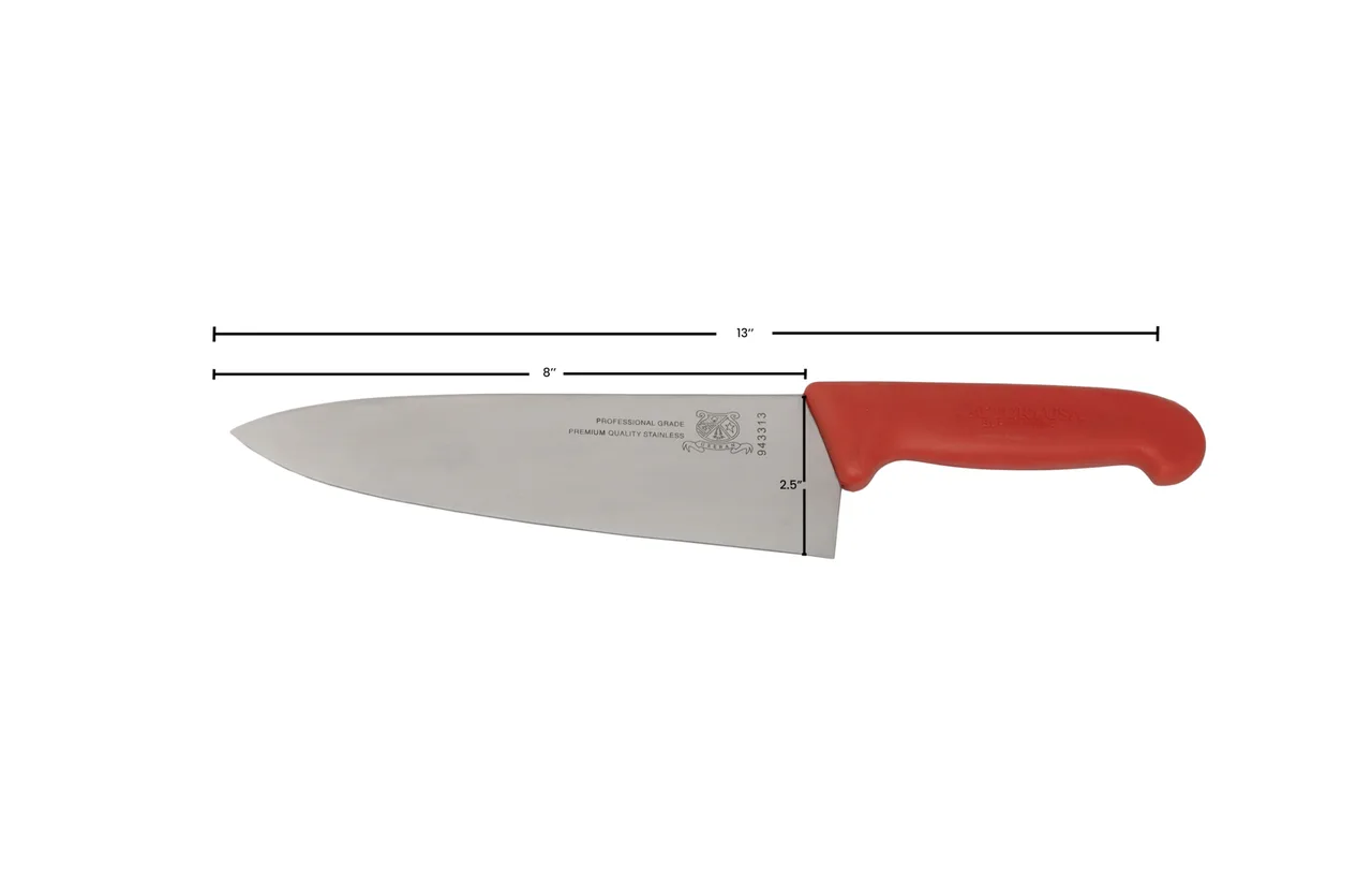 Omcan USA 23876 - Chef Knife, 8" Stamped Stainless Steel Blade, Red Plastic Handle, 7"-9" Length