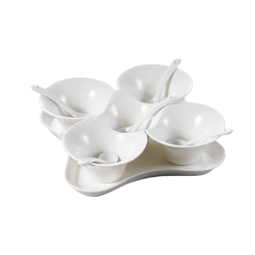 CAC China PTB-11SET – Champagne Porcelain Bowl Set, 5 x 4 oz bowls, 8.75" tray, Dishwasher Safe - 11/Set