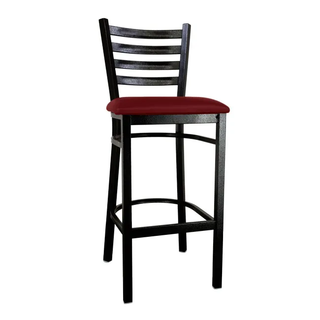Omcan USA 47592+69746 Ladder Back Bar Stool, Burgundy Vinyl Seat, Black Metal Frame, Armless